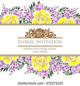 Vintage delicate invitation with flowers for wedding, marriage, bridal, birthday, Valentine's day. 
