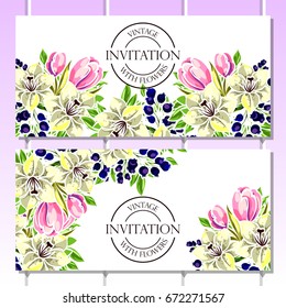 Vintage delicate invitation with flowers for wedding, marriage, bridal, birthday, Valentine's day. 