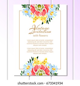 Vintage delicate invitation with flowers for wedding, marriage, bridal, birthday, Valentine's day.