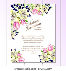Vintage delicate invitation with flowers for wedding, marriage, bridal, birthday, Valentine's day. 