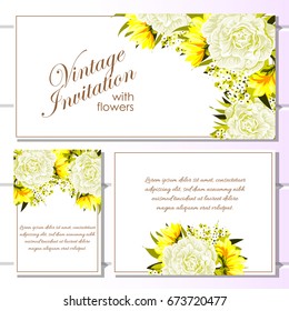 Vintage delicate invitation with flowers for wedding, marriage, bridal, birthday, Valentine's day. 