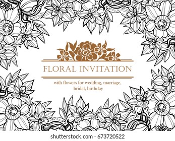 Vintage delicate invitation with flowers for wedding, marriage, bridal, birthday, Valentine's day. 