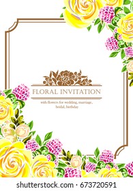 Vintage delicate invitation with flowers for wedding, marriage, bridal, birthday, Valentine's day. 