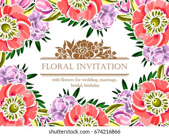 Vintage delicate invitation with flowers for wedding, marriage, bridal, birthday, Valentine's day.
