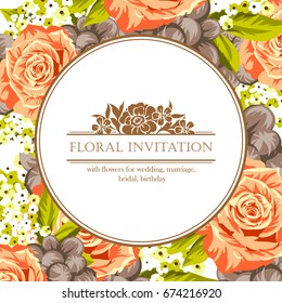 Vintage delicate invitation with flowers for wedding, marriage, bridal, birthday, Valentine's day.