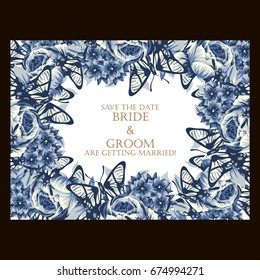 Vintage delicate invitation with flowers for wedding, marriage, bridal, birthday, Valentine's day.