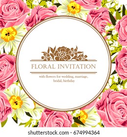 Vintage delicate invitation with flowers for wedding, marriage, bridal, birthday, Valentine's day.