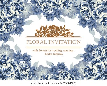 Vintage delicate invitation with flowers for wedding, marriage, bridal, birthday, Valentine's day.
