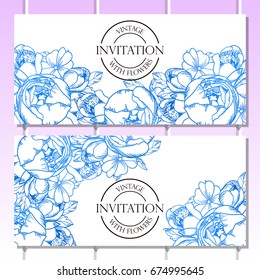 Vintage delicate invitation with flowers for wedding, marriage, bridal, birthday, Valentine's day.