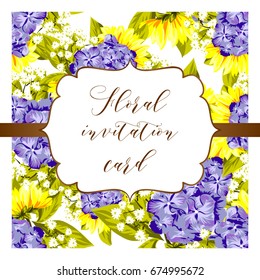 Vintage delicate invitation with flowers for wedding, marriage, bridal, birthday, Valentine's day.
