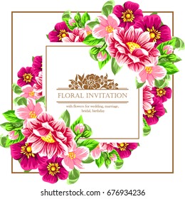 Vintage delicate invitation with flowers for wedding, marriage, bridal, birthday, Valentine's day. 
