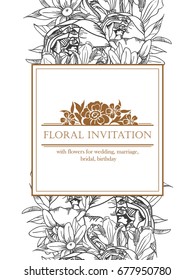 Vintage delicate invitation with flowers for wedding, marriage, bridal, birthday, Valentine's day. 