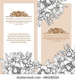 Vintage delicate invitation with flowers for wedding, marriage, bridal, birthday, Valentine's day.
