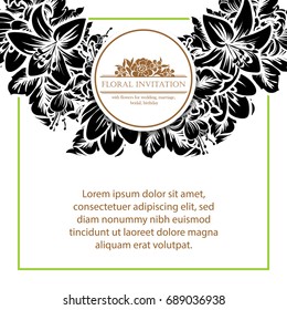Vintage delicate invitation with flowers for wedding, marriage, bridal, birthday, Valentine's day.