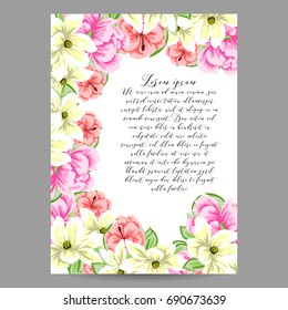 Vintage delicate invitation with flowers for wedding, marriage, bridal, birthday, Valentine's day.