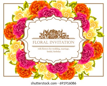 Vintage delicate invitation with flowers for wedding, marriage, bridal, birthday, Valentine's day.