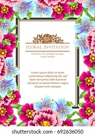 Vintage delicate invitation with flowers for wedding, marriage, bridal, birthday, Valentine's day.