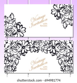Vintage delicate invitation with flowers for wedding, marriage, bridal, birthday, Valentine's day. 
