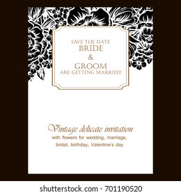 Vintage delicate invitation with flowers for wedding, marriage, bridal, birthday, Valentine's day. 