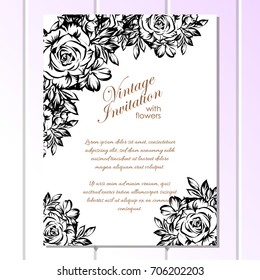 Vintage delicate invitation with flowers for wedding, marriage, bridal, birthday, Valentine's day.