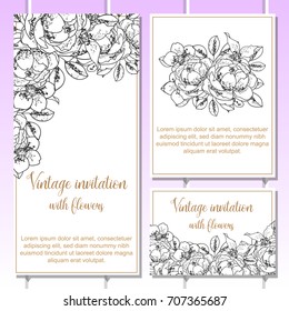 Vintage delicate invitation with flowers for wedding, marriage, bridal, birthday, Valentine's day.