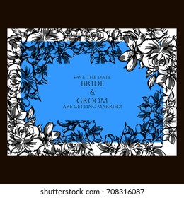 Vintage delicate invitation with flowers for wedding, marriage, bridal, birthday, Valentine's day.