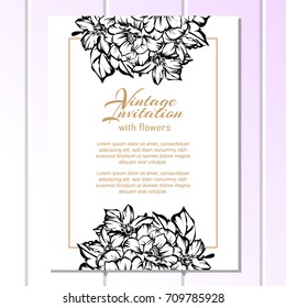 Vintage delicate invitation with flowers for wedding, marriage, bridal, birthday, Valentine's day.