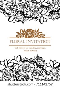 Vintage delicate invitation with flowers for wedding, marriage, bridal, birthday, Valentine's day.