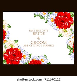 Vintage delicate invitation with flowers for wedding, marriage, bridal, birthday, Valentine's day.