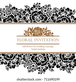 Vintage delicate invitation with flowers for wedding, marriage, bridal, birthday, Valentine's day.