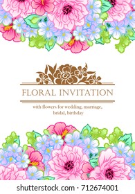 Vintage delicate invitation with flowers for wedding, marriage, bridal, birthday, Valentine's day.