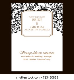 Vintage delicate invitation with flowers for wedding, marriage, bridal, birthday, Valentine's day.
