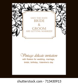 Vintage delicate invitation with flowers for wedding, marriage, bridal, birthday, Valentine's day.