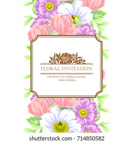 Vintage delicate invitation with flowers for wedding, marriage, bridal, birthday, Valentine's day.