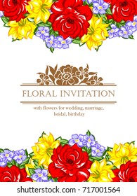 Vintage delicate invitation with flowers for wedding, marriage, bridal, birthday, Valentine's day.