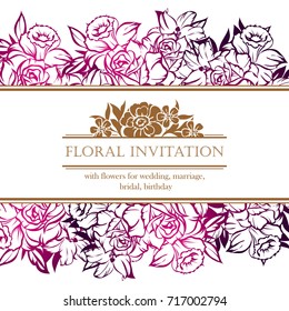 Vintage delicate invitation with flowers for wedding, marriage, bridal, birthday, Valentine's day.