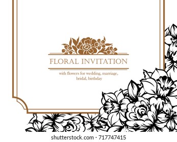 Vintage delicate invitation with flowers for wedding, marriage, bridal, birthday, Valentine's day.