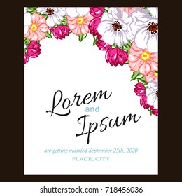 Vintage delicate invitation with flowers for wedding, marriage, bridal, birthday, Valentine's day. Romantic vector illustration.