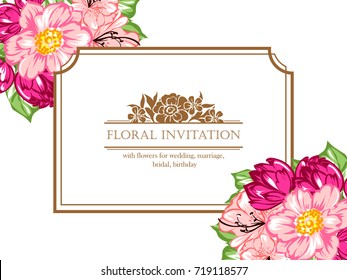 Vintage delicate invitation with flowers for wedding, marriage, bridal, birthday, Valentine's day.