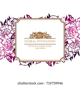 Vintage delicate invitation with flowers for wedding, marriage, bridal, birthday, Valentine's day.