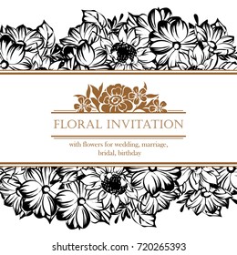 Vintage delicate invitation with flowers for wedding, marriage, bridal, birthday, Valentine's day.