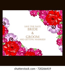Vintage delicate invitation with flowers for wedding, marriage, bridal, birthday, Valentine's day.