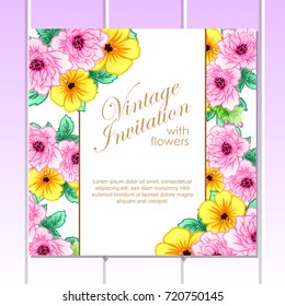 Vintage delicate invitation with flowers for wedding, marriage, bridal, birthday, Valentine's day.