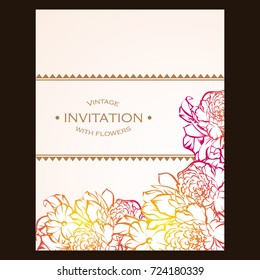 Vintage delicate invitation with flowers for wedding, marriage, bridal, birthday, Valentine's day.