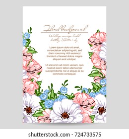 Vintage delicate invitation with flowers for wedding, marriage, bridal, birthday, Valentine's day.