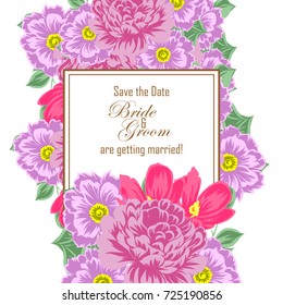 Vintage delicate invitation with flowers for wedding, marriage, bridal, birthday, Valentine's day.