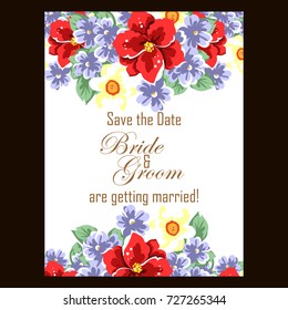 Vintage delicate invitation with flowers for wedding, marriage, bridal, birthday, Valentine's day.