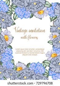 Vintage delicate invitation with flowers for wedding, marriage, bridal, birthday, Valentine's day.