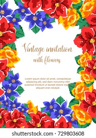 Vintage delicate invitation with flowers for wedding, marriage, bridal, birthday, Valentine's day.