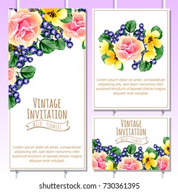 Vintage delicate invitation with flowers for wedding, marriage, bridal, birthday, Valentine's day.